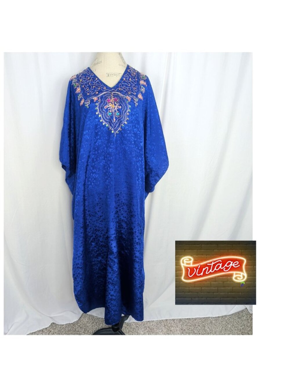 Vintage Blue Caftan Long Maxi One Size Satin Beaded Embellished Sante
